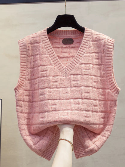 Floral V-neck Knitted Vest for Women, 2025 Autumn/Winter New Style, Loose Fit, Layered with Sweaters, Trendy