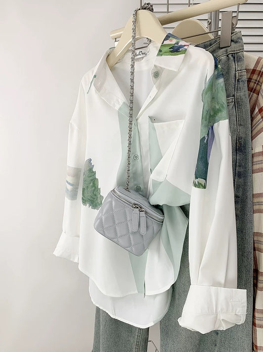 Hong Kong style retro white printed shirt women's high-end loose versatile chiffon long-sleeved top early autumn 2024 new style
