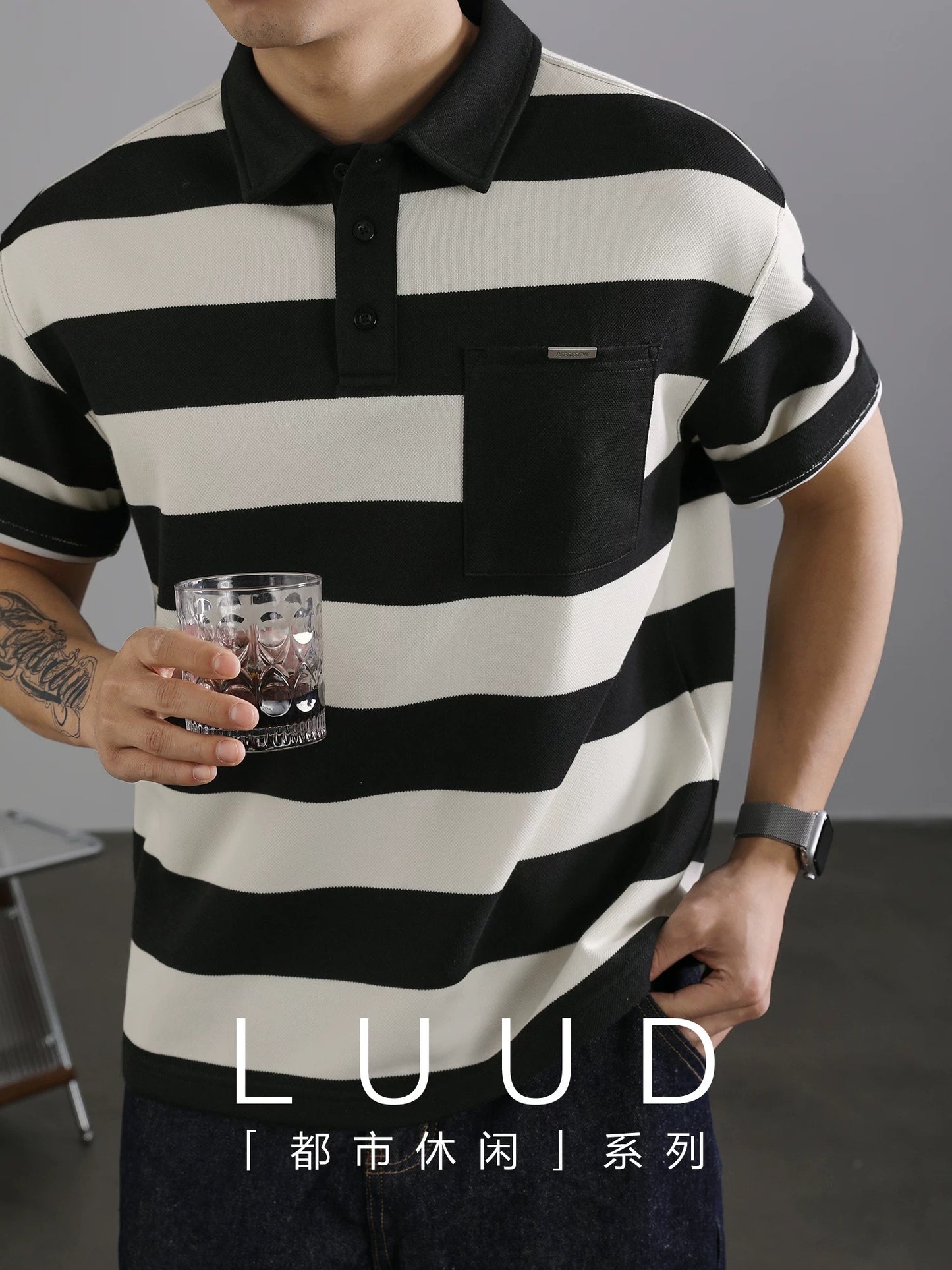 LUUD men's classic black and white contrast striped polo shirt breathable summer pique mesh lapel Paul short sleeve