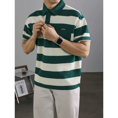 LUUD men's classic black and white contrast striped polo shirt breathable summer pique mesh lapel Paul short sleeve