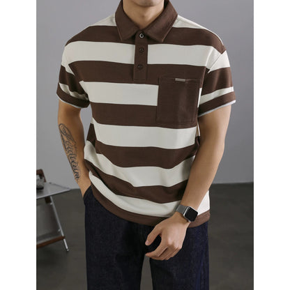 LUUD men's classic black and white contrast striped polo shirt breathable summer pique mesh lapel Paul short sleeve