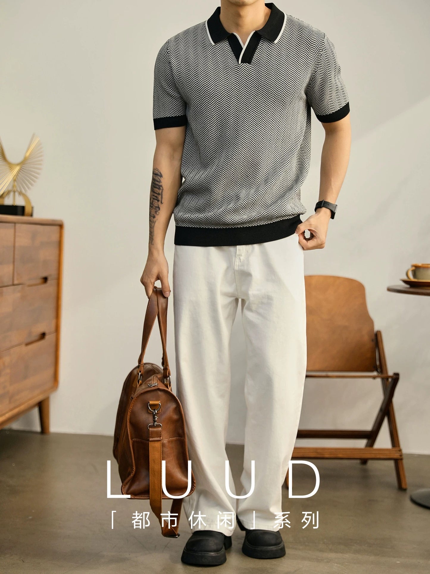 LUUD men's elegant and handsome contrast color versatile summer short-sleeved herringbone texture lapel knitted POLO shirt