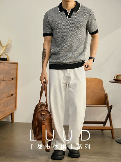 LUUD men's elegant and handsome contrast color versatile summer short-sleeved herringbone texture lapel knitted POLO shirt