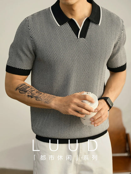 LUUD men's elegant and handsome contrast color versatile summer short-sleeved herringbone texture lapel knitted POLO shirt