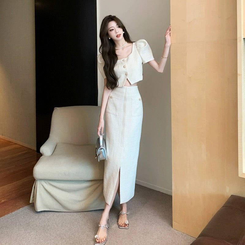 Xiaoxiangfeng fashionable suit skirt for women summer celebrity royal sister style high-end small dress two-piece set short top long skirt