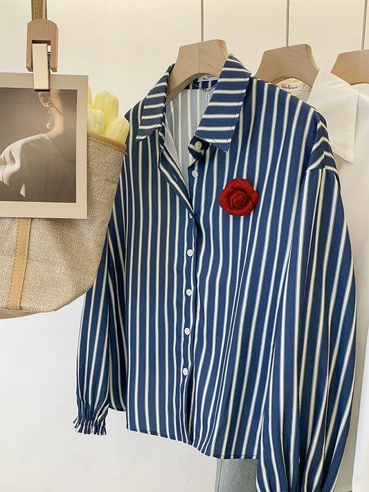 Hong Kong style retro blue striped shirt for women, chic back waist pleated chiffon long-sleeved top, spring design niche