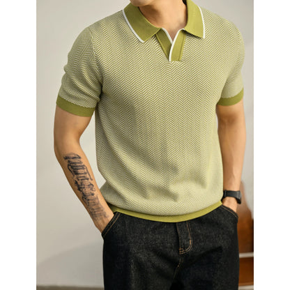 LUUD men's elegant and handsome contrast color versatile summer short-sleeved herringbone texture lapel knitted POLO shirt
