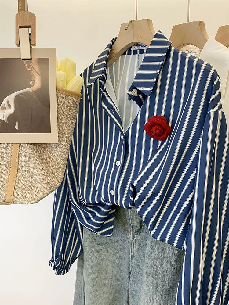 Hong Kong style retro blue striped shirt for women, chic back waist pleated chiffon long-sleeved top, spring design niche