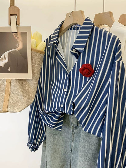 Hong Kong style retro blue striped shirt for women, chic back waist pleated chiffon long-sleeved top, spring design niche