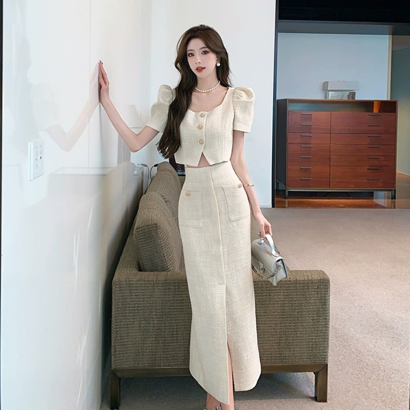 Xiaoxiangfeng fashionable suit skirt for women summer celebrity royal sister style high-end small dress two-piece set short top long skirt