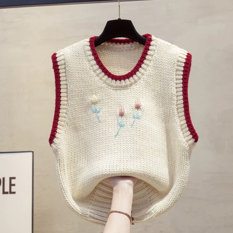 Handmade floral round neck color-block knitted vest for women, 2025 autumn and winter new style, loose fit, outerwear vest, sweater, shoulder bag