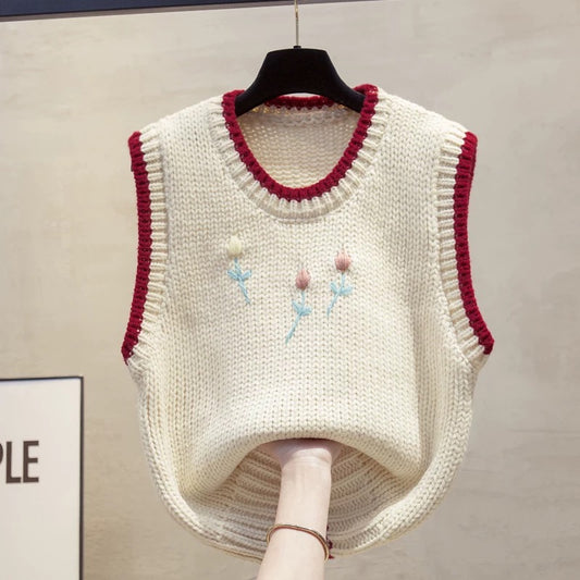 Handmade floral round neck color-block knitted vest for women, 2025 autumn and winter new style, loose fit, outerwear vest, sweater, shoulder bag