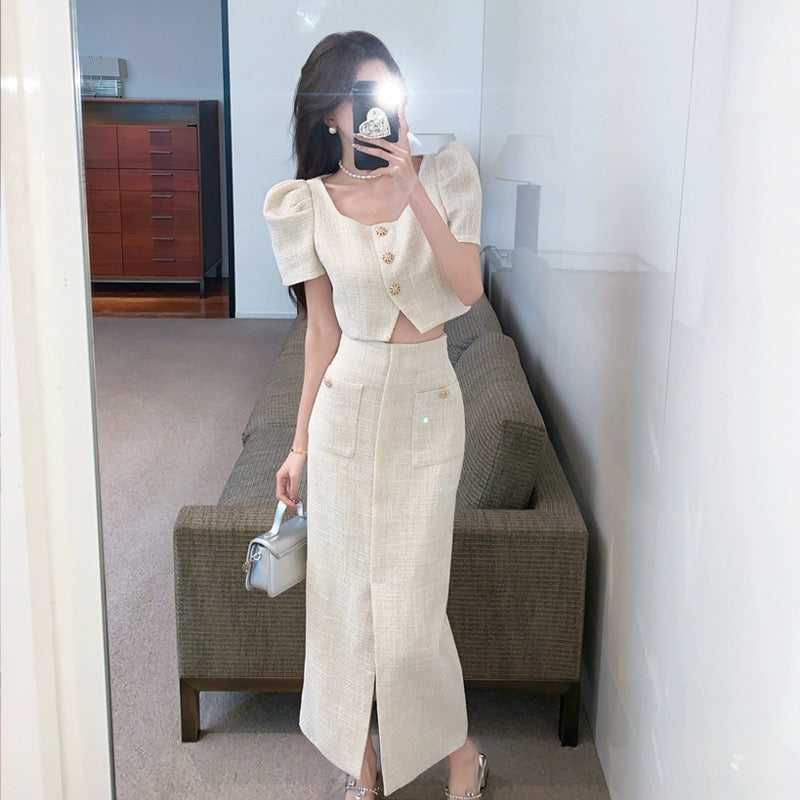 Xiaoxiangfeng fashionable suit skirt for women summer celebrity royal sister style high-end small dress two-piece set short top long skirt