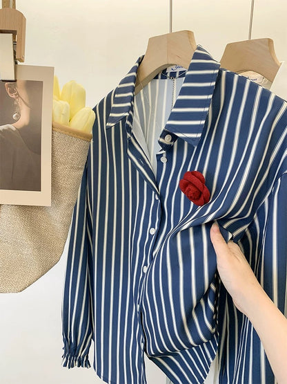 Hong Kong style retro blue striped shirt for women, chic back waist pleated chiffon long-sleeved top, spring design niche