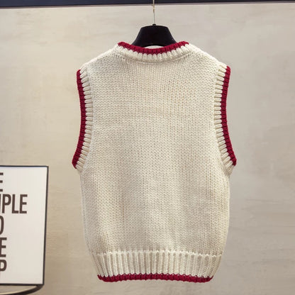 Handmade floral round neck color-block knitted vest for women, 2025 autumn and winter new style, loose fit, outerwear vest, sweater, shoulder bag