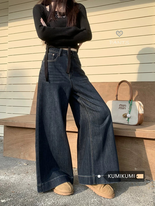 Kumikumi new retro blue wide-leg jeans women's spring high waist loose straight pants mopping pants trousers