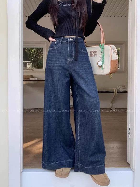 Kumikumi new retro blue wide-leg jeans women's spring high waist loose straight pants mopping pants trousers