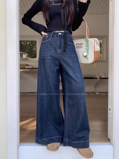 Kumikumi new retro blue wide-leg jeans women's spring high waist loose straight pants mopping pants trousers