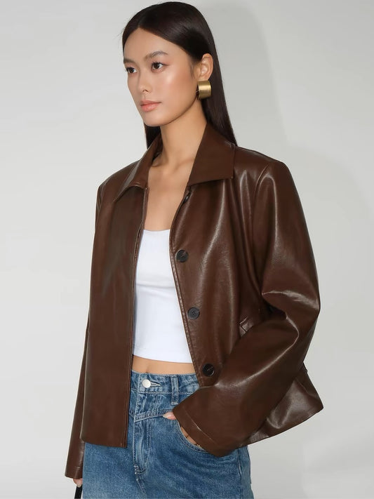 NEVA HU Black Retro PU Leather Jacket Women's Jacket Autumn Short Motorcycle Top for Small Men