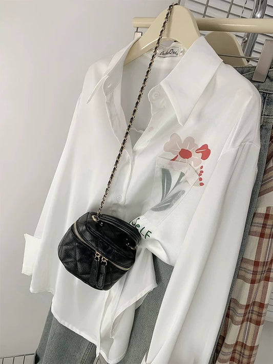Acetate satin imitation silk white shirt women's high-end western style printed shirt spring and autumn chiffon long-sleeved top