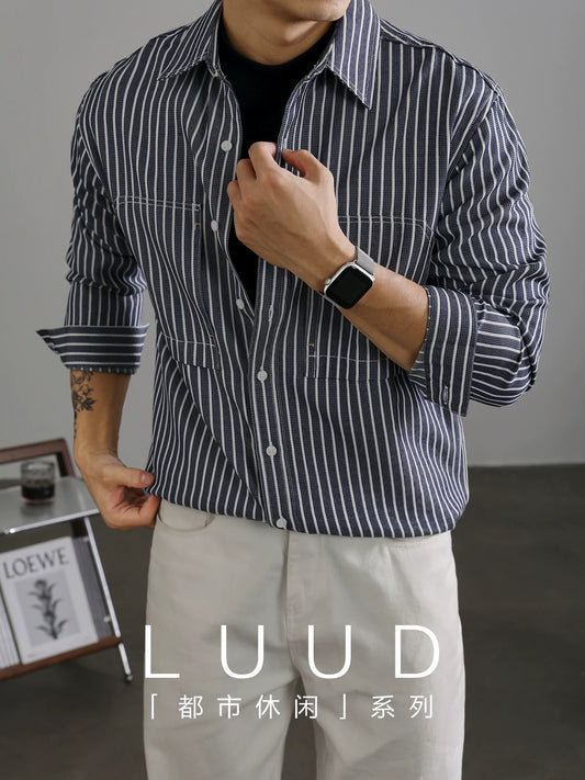 LUUD grainy fashion men's striped shirt lapel casual long-sleeved coat autumn mature contrast color jacket