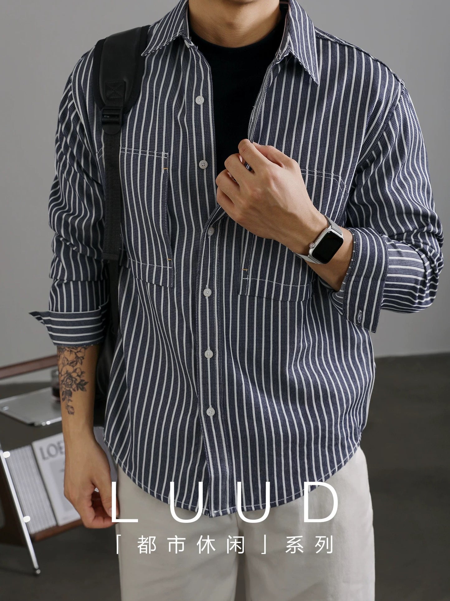 LUUD grainy fashion men's striped shirt lapel casual long-sleeved coat autumn mature contrast color jacket