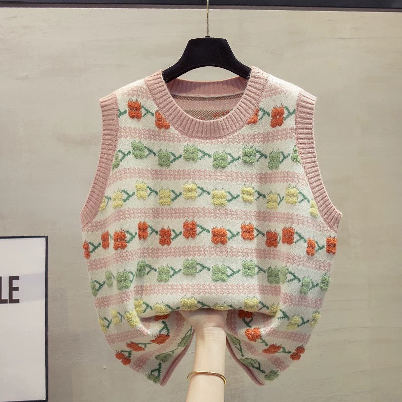 Round neck plus size knitted vest for women, 2025 autumn and winter new style, loose fit, suitable for layering with sweaters, trendy.