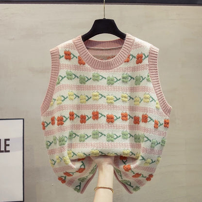 Round neck plus size knitted vest for women, 2025 autumn and winter new style, loose fit, suitable for layering with sweaters, trendy.