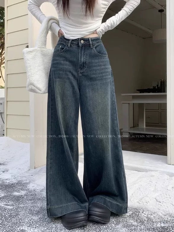 Kumikumi new retro blue wide-leg jeans women's spring high waist loose straight pants mopping pants trousers