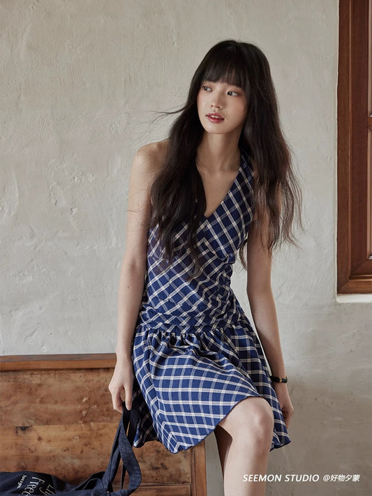 Ximeng 2025 new summer Korean style v-neck skirt high-end niche cold blue plaid dress female
