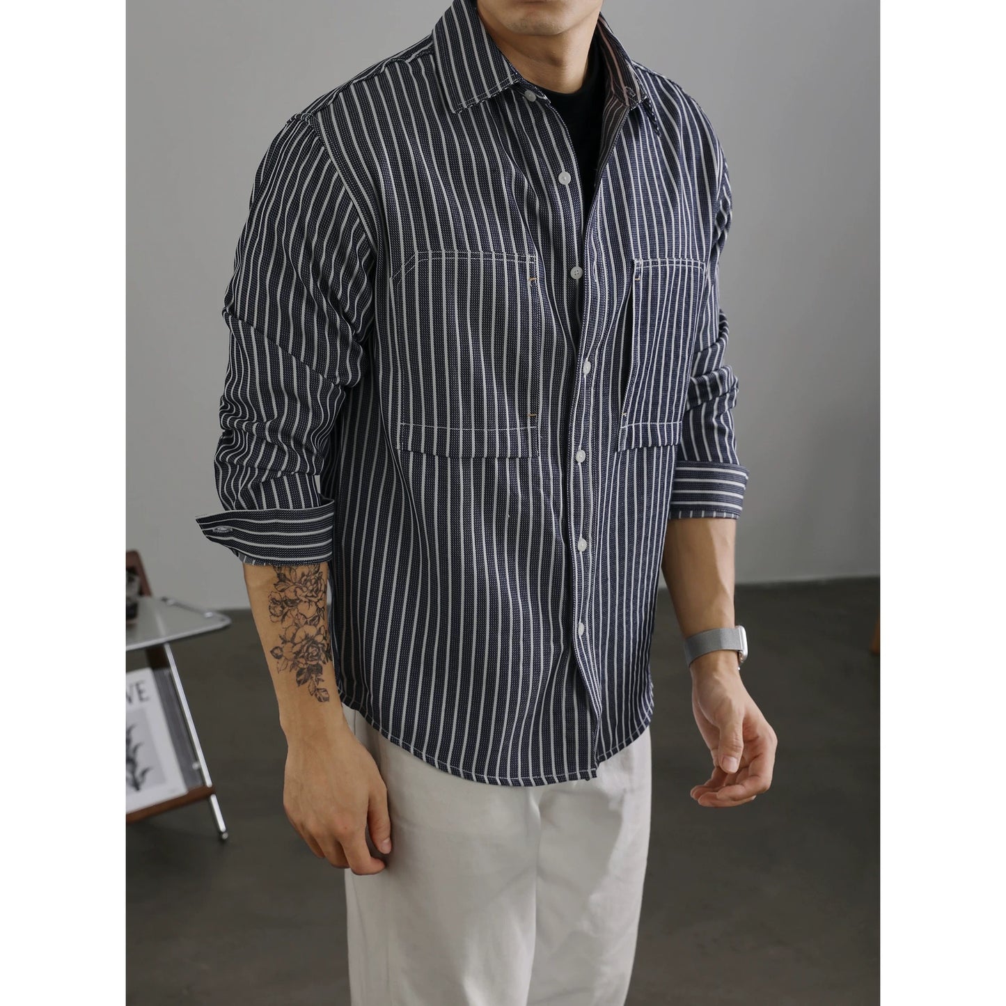 LUUD grainy fashion men's striped shirt lapel casual long-sleeved coat autumn mature contrast color jacket