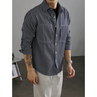 LUUD grainy fashion men's striped shirt lapel casual long-sleeved coat autumn mature contrast color jacket