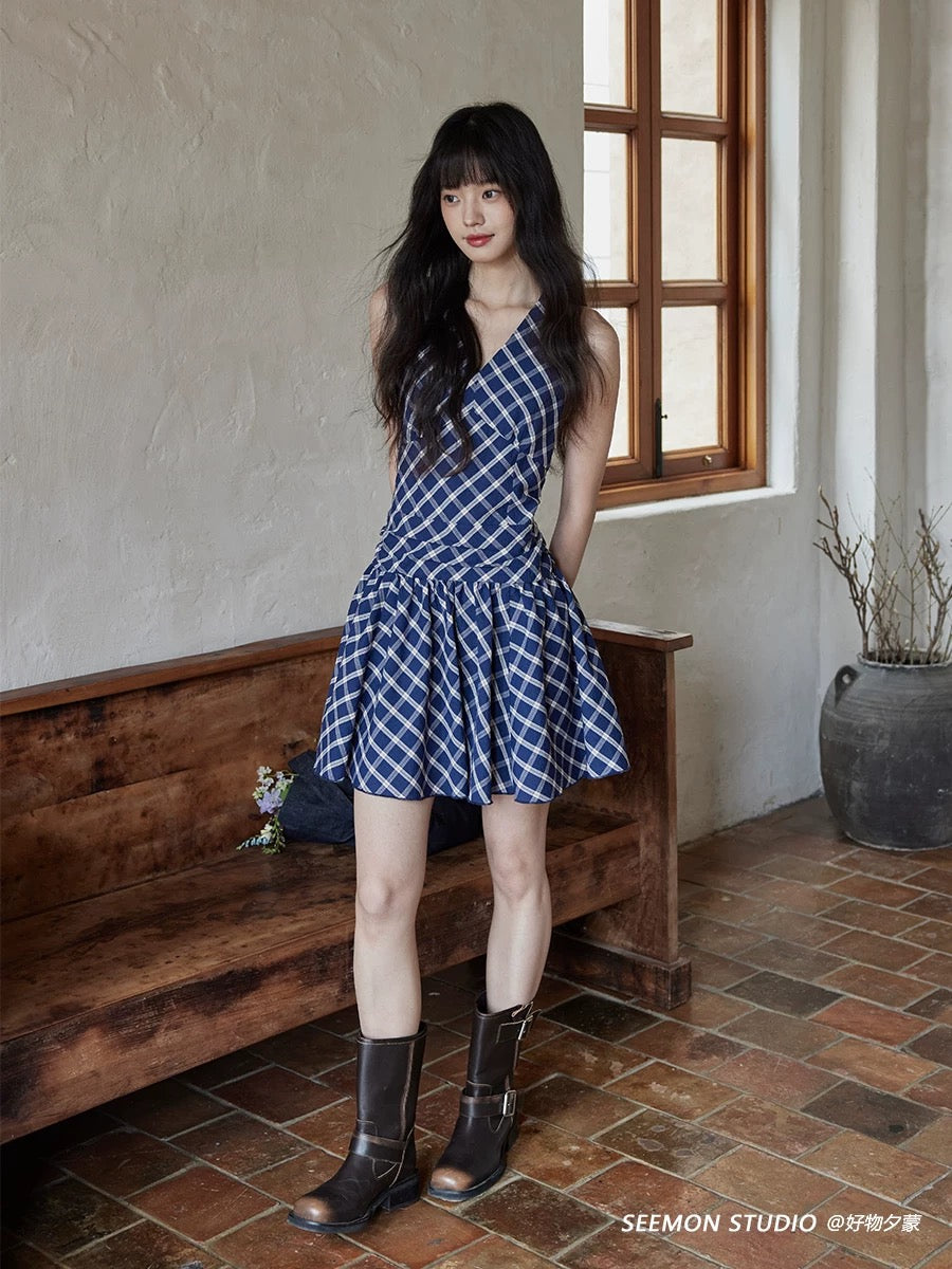 Ximeng 2025 new summer Korean style v-neck skirt high-end niche cold blue plaid dress female