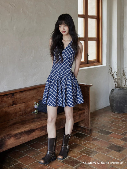 Ximeng 2025 new summer Korean style v-neck skirt high-end niche cold blue plaid dress female