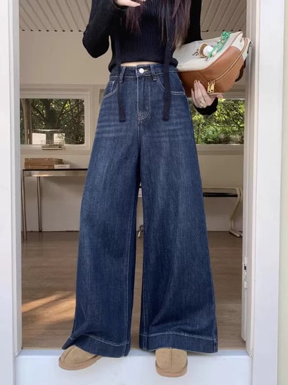Kumikumi new retro blue wide-leg jeans women's spring high waist loose straight pants mopping pants trousers