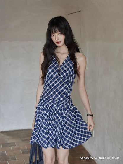 Ximeng 2025 new summer Korean style v-neck skirt high-end niche cold blue plaid dress female