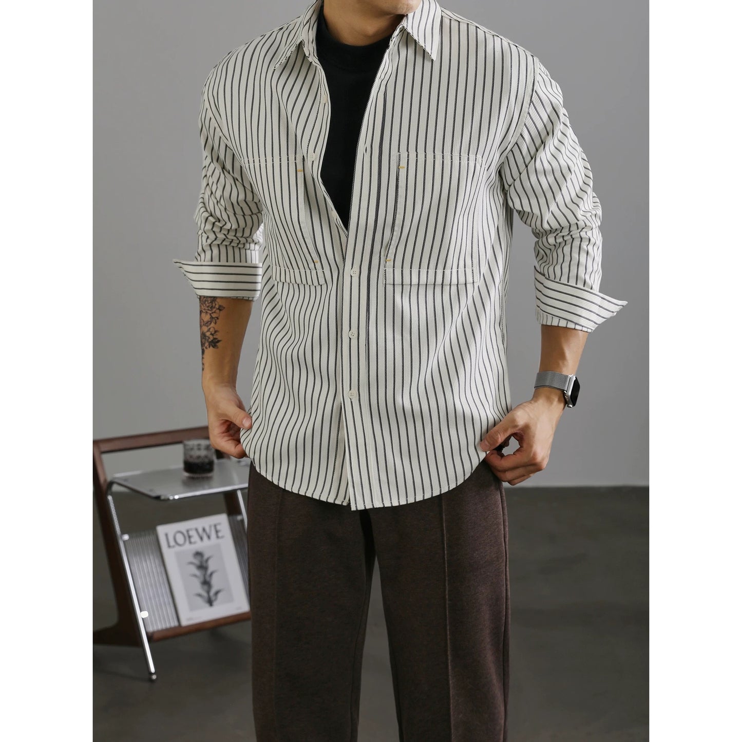 LUUD grainy fashion men's striped shirt lapel casual long-sleeved coat autumn mature contrast color jacket