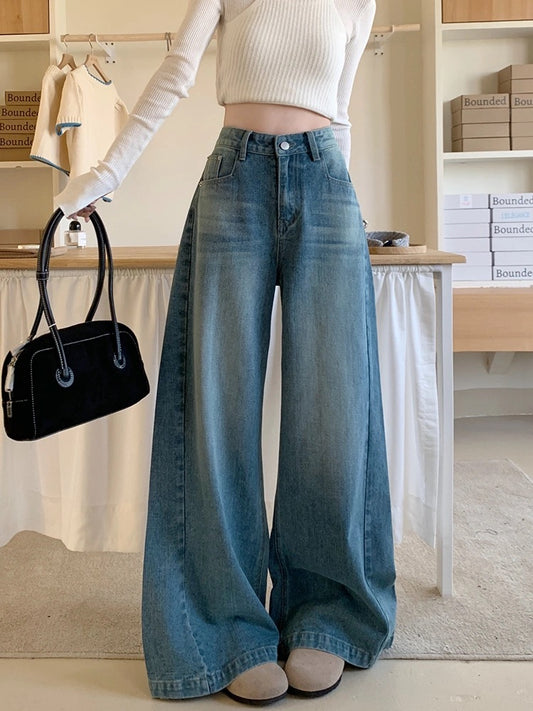 Kumikumi retro distressed washed jeans wide-leg pants women's spring drape high waist loose mopping pants trousers