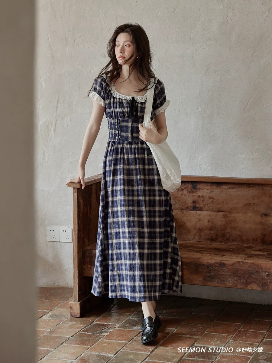 Ximeng 2025 new summer Korean style gentle temperament skirt small high-end Tibetan blue plaid short-sleeved dress female