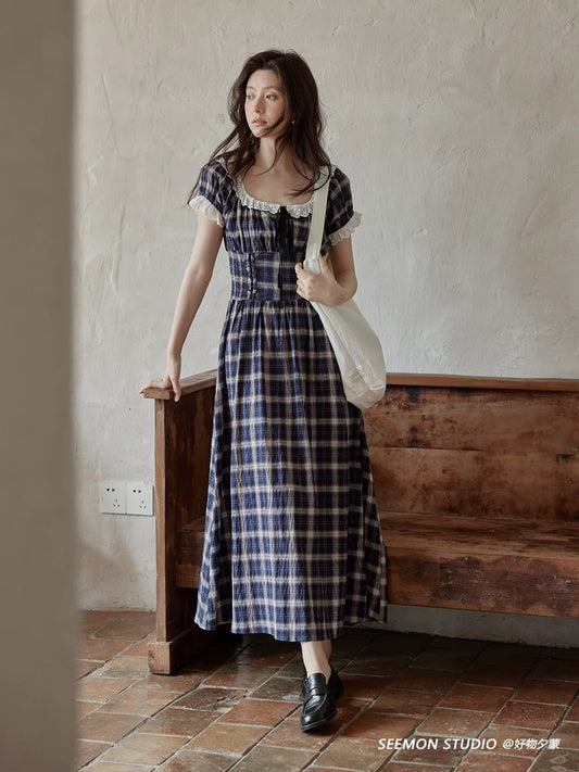 Ximeng 2025 new summer Korean style gentle temperament skirt small high-end Tibetan blue plaid short-sleeved dress female