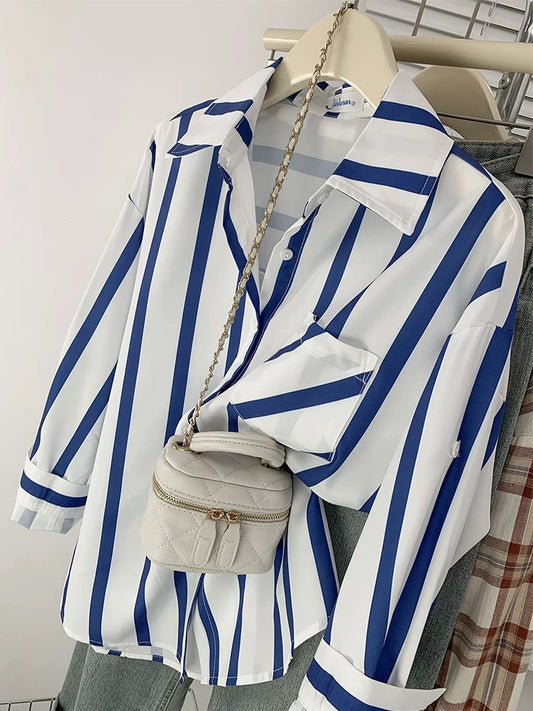 Fashionable casual blue striped shirt, feminine, loose and versatile commuting chiffon long-sleeved top with spring and autumn design