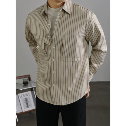 LUUD grainy fashion men's striped shirt lapel casual long-sleeved coat autumn mature contrast color jacket