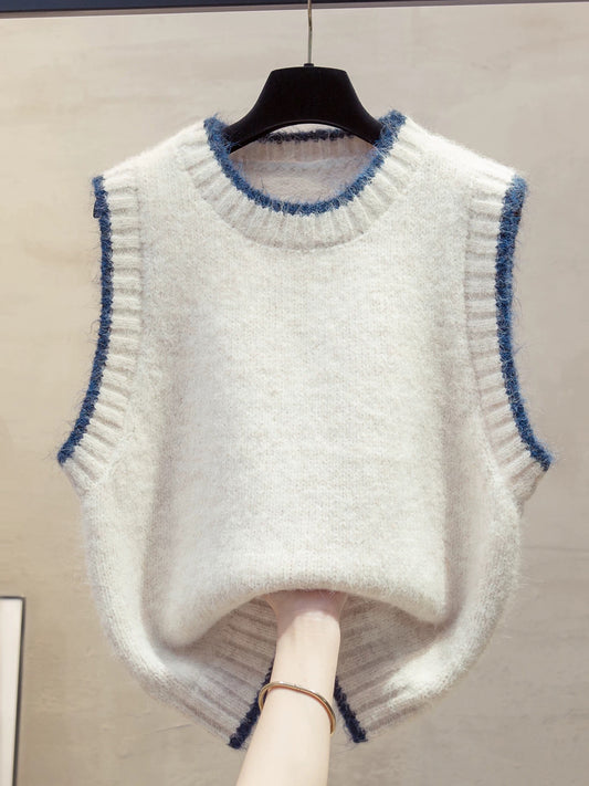 Color-blocked round neck knitted vest for women, 2025 autumn/winter new style, loose fit, suitable for layering over sweaters, trendy.