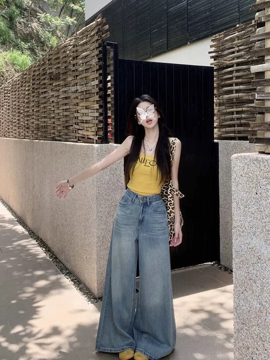 Kumikumi distressed vintage washed jeans floor-length pants for women spring drape high waist slimming loose wide-leg pants