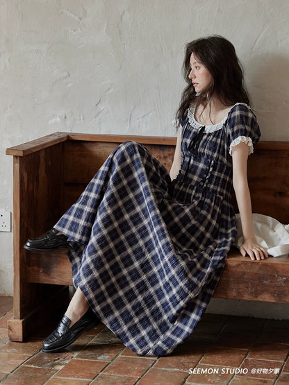 Ximeng 2025 new summer Korean style gentle temperament skirt small high-end Tibetan blue plaid short-sleeved dress female