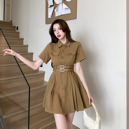 French retro workwear skirt for women, summer niche design, sweet and spicy pleated skirt, casual sexy hot girl puffy dress