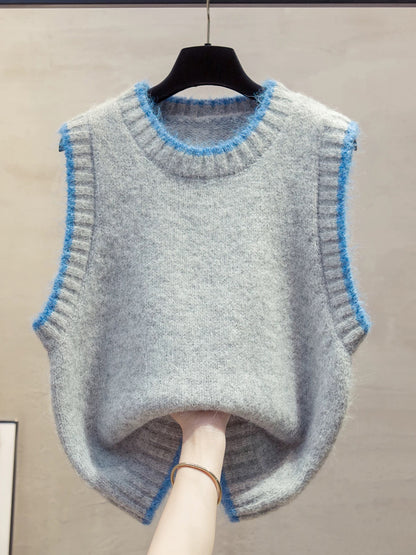 Color-blocked round neck knitted vest for women, 2025 autumn/winter new style, loose fit, suitable for layering over sweaters, trendy.