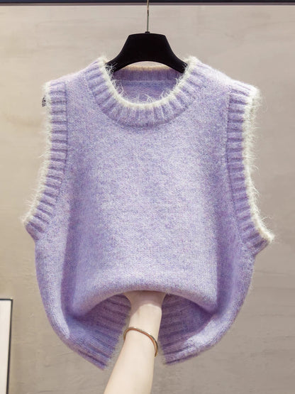 Color-blocked round neck knitted vest for women, 2025 autumn/winter new style, loose fit, suitable for layering over sweaters, trendy.