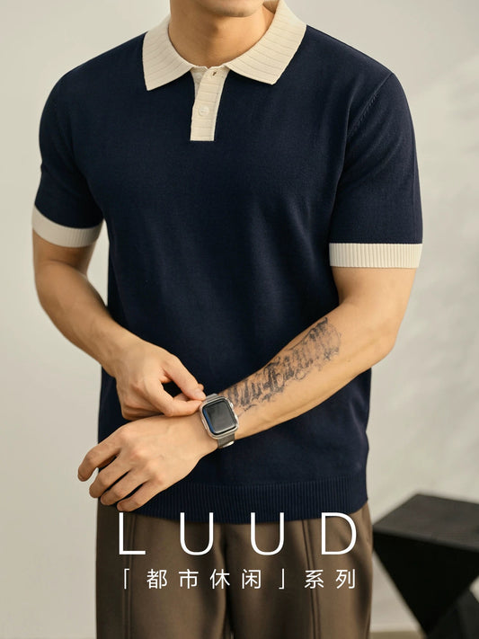 LUUD high-end luxury men's knitted POLO shirt summer contrast color jacquard lapel short-sleeved Paul top