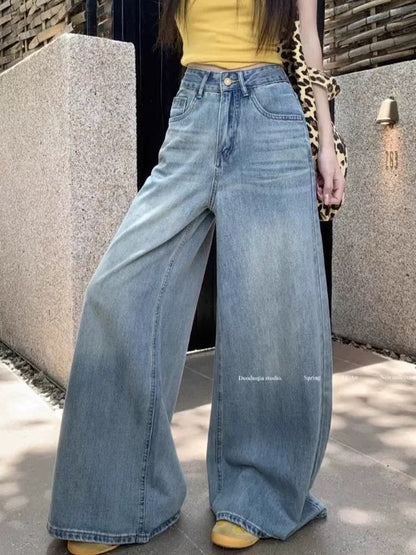 Kumikumi distressed vintage washed jeans floor-length pants for women spring drape high waist slimming loose wide-leg pants